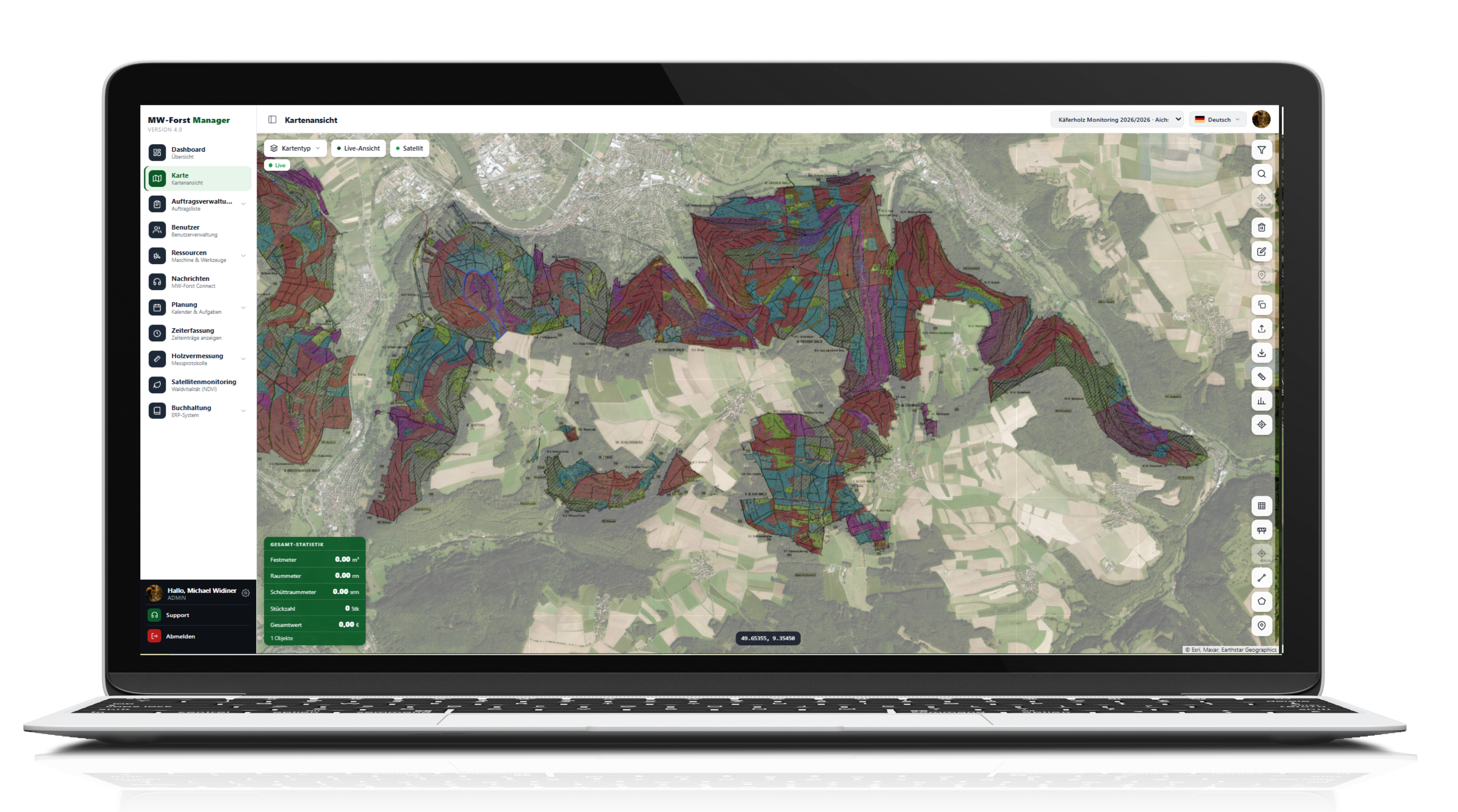 MW-Forst Manager mit eingelesener georeferenzierter Forstkarte (Abteilungen) als Ebene über dem Satellitenbild