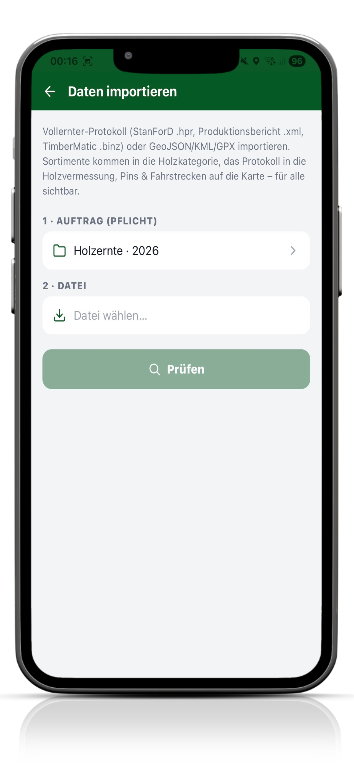 MW-Forst App beim Import der Vollernter-/Maschinendaten