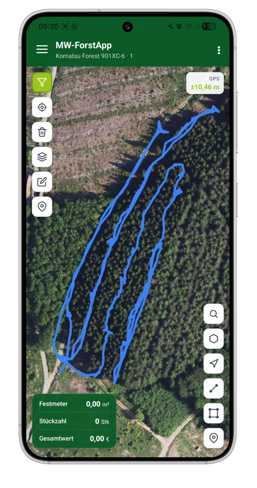 Importierte Vollernter-Fahrspuren als Linien in der MW-Forst App