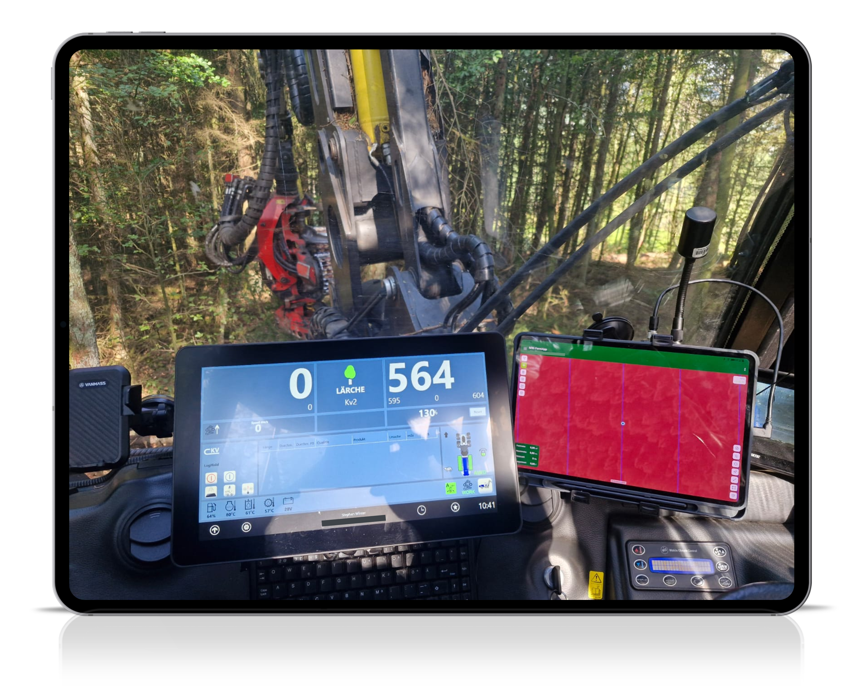 MW-Forst App mit RTK-Spurführung an der Forstmaschine – Toleranzband, Gassen- und Maschinenbreite auf der Karte